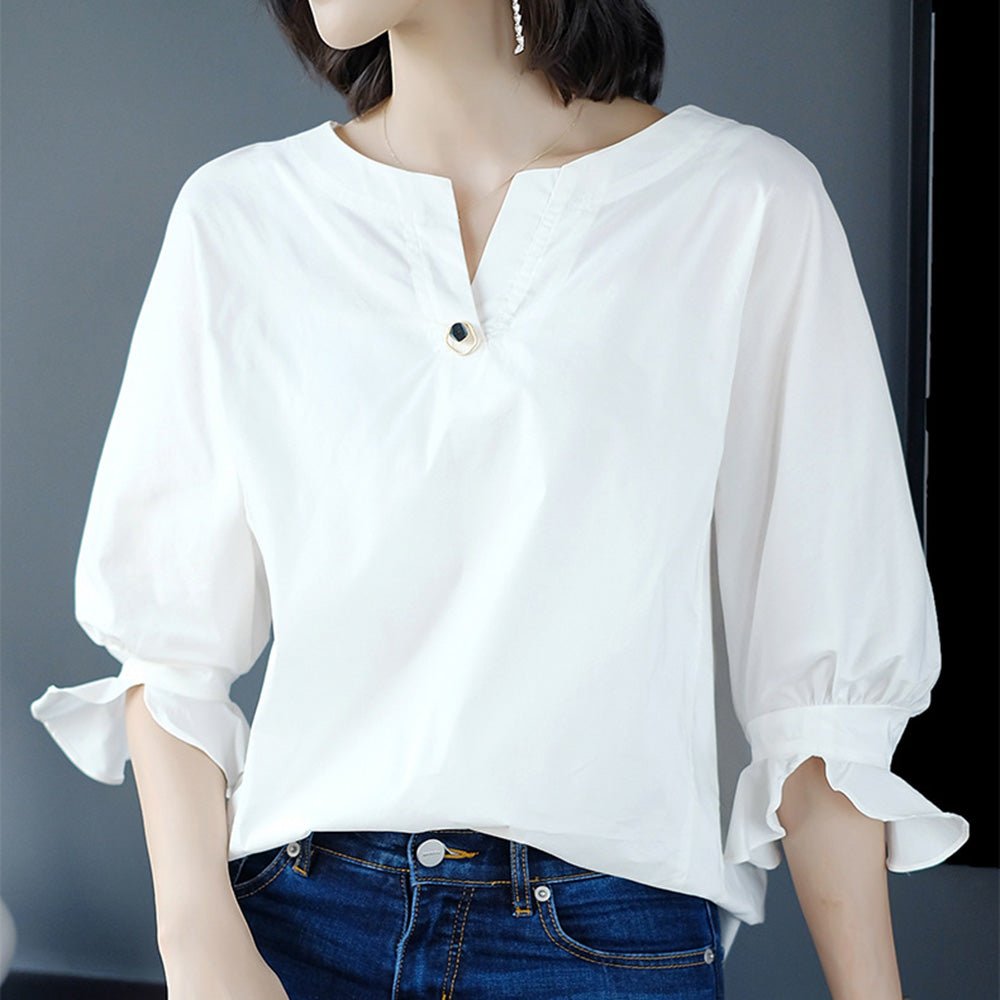 ヘンリーネックフレアスリーブトップス|オフィスカジュアル レディース 通販【ミレジェネ】