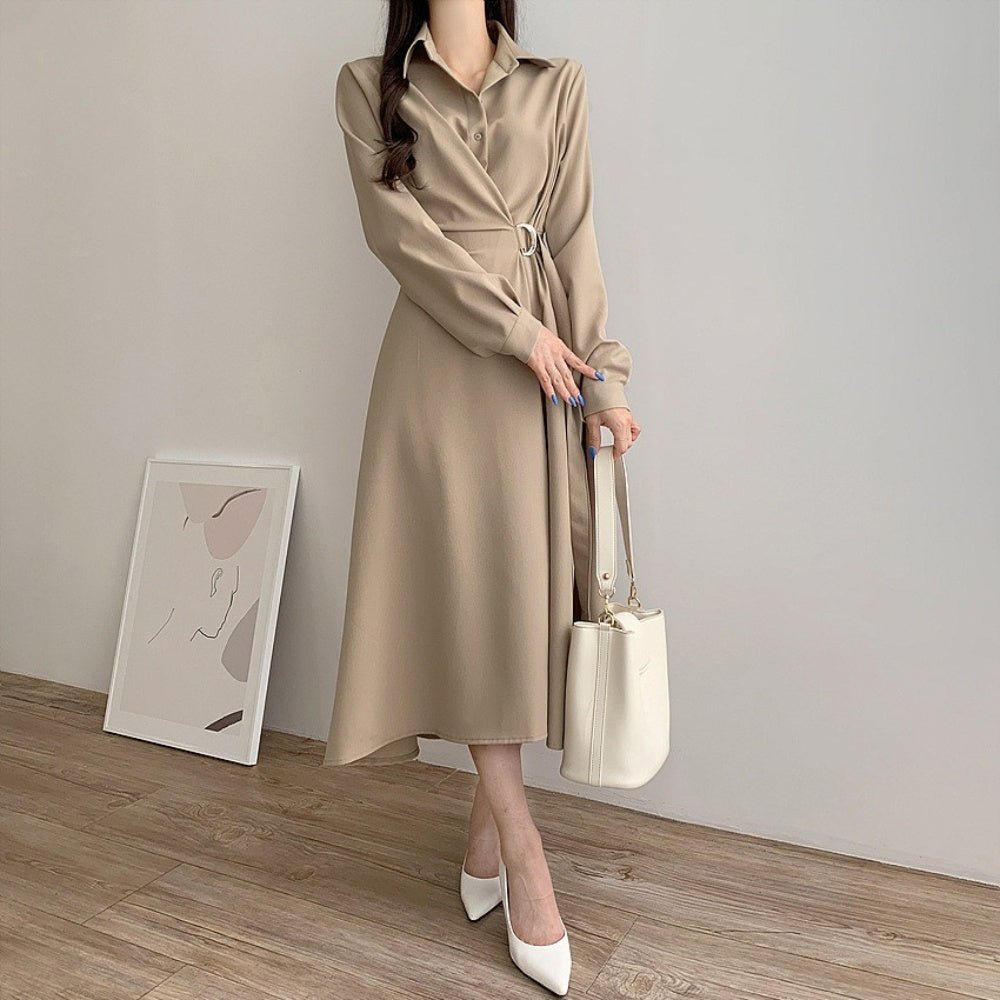 襟付きウエストベルトフレアワンピース|オフィスカジュアル レディース 通販【ミレジェネ】