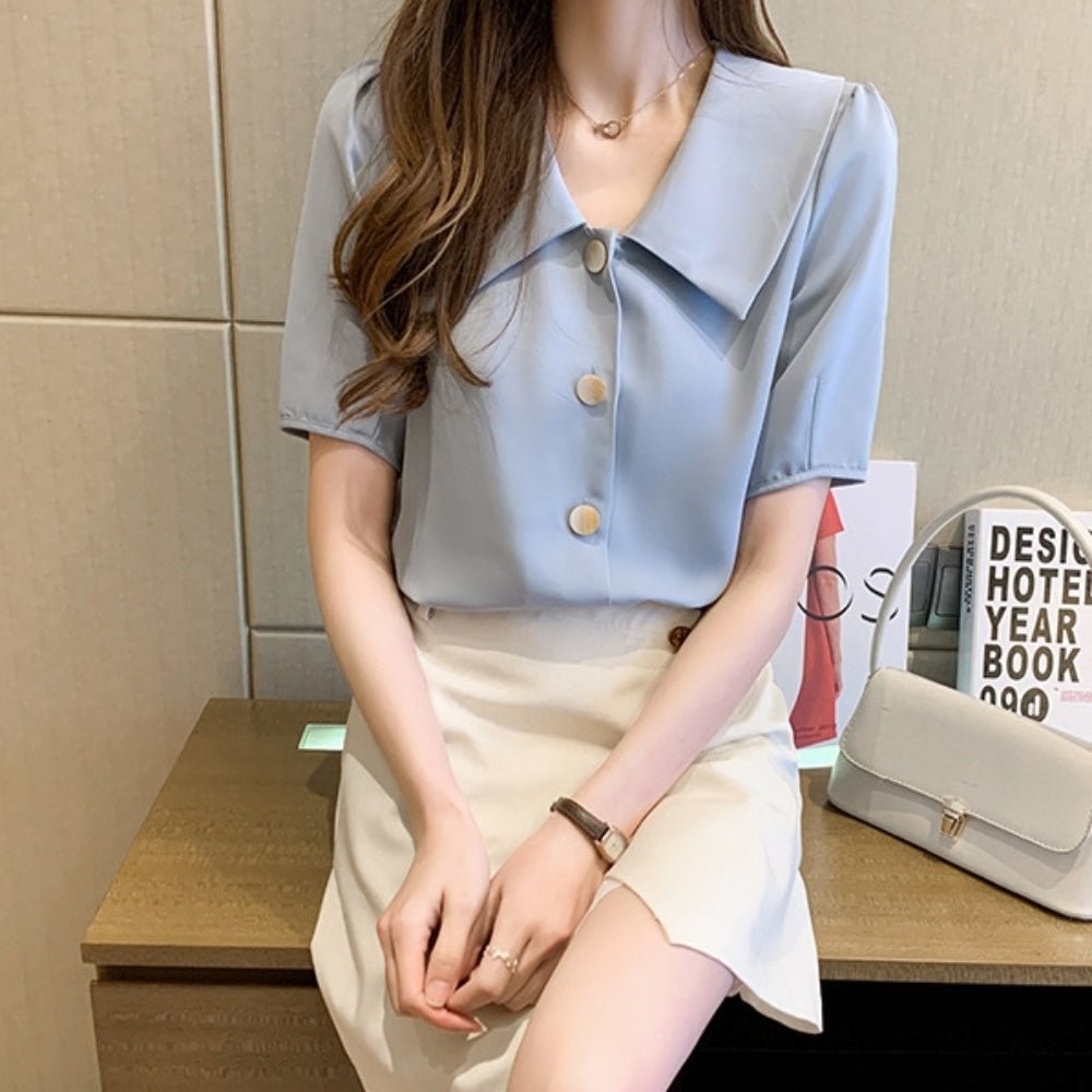 レトロ襟半袖シフォンブラウス