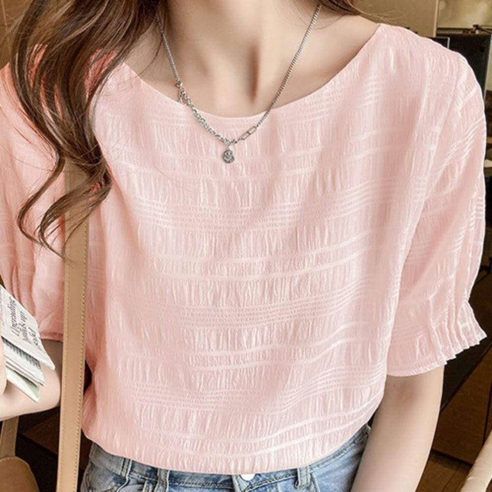 クルーネック袖タックカットソー