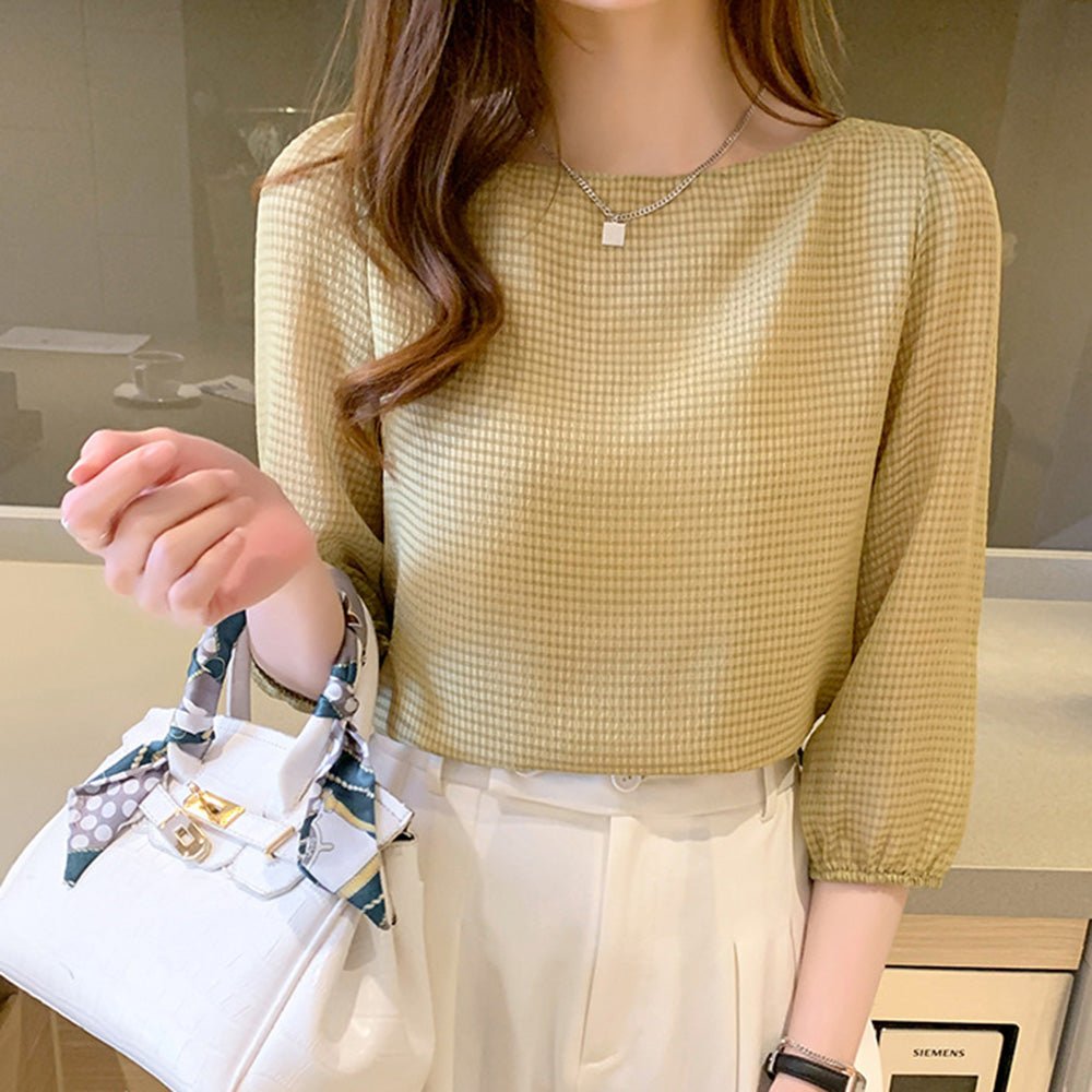 チェック柄七分袖ブラウス|オフィスカジュアル レディース 通販【ミレジェネ】