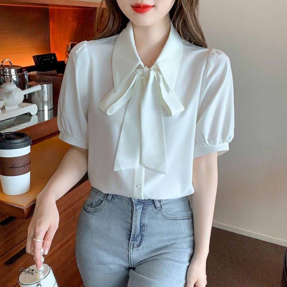 パフスリーブボウタイ襟付きブラウス|オフィスカジュアル レディース 通販【ミレジェネ】