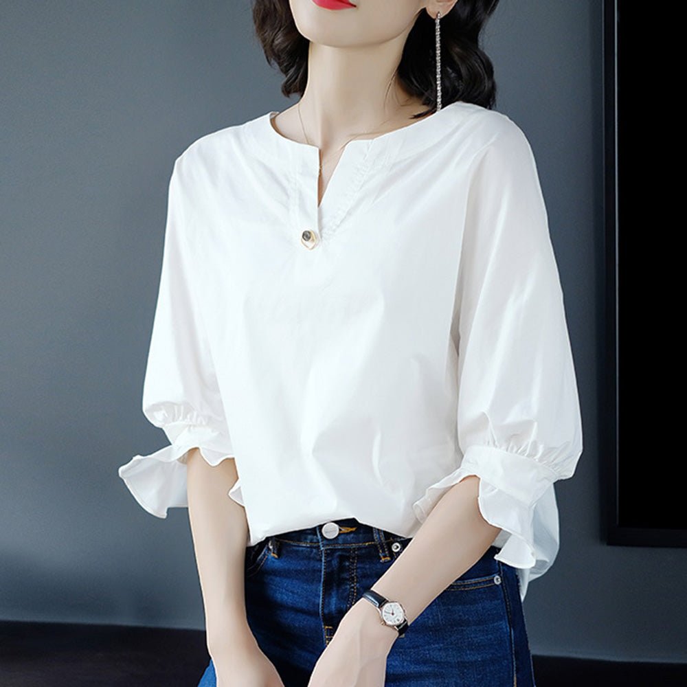 ヘンリーネックフレアスリーブトップス|オフィスカジュアル レディース 通販【ミレジェネ】