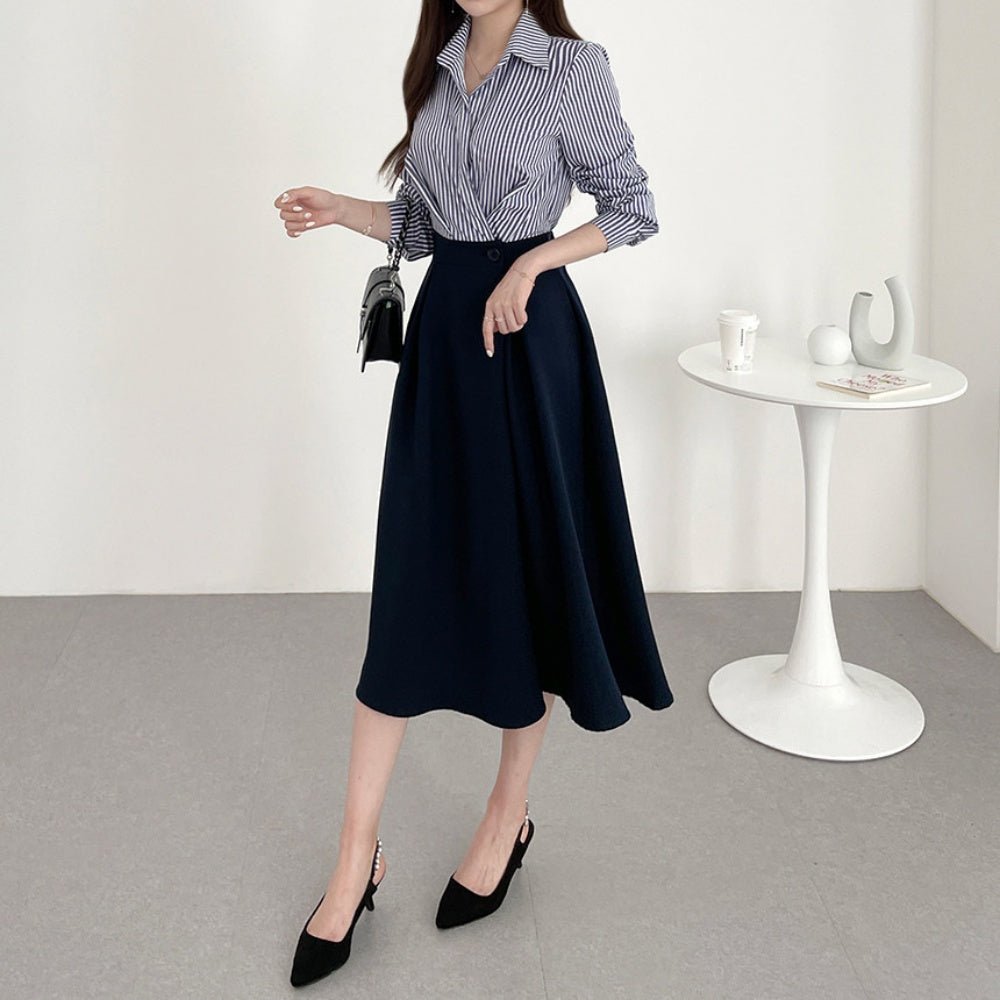 ストライプシャツドッキングフレアワンピース|オフィスカジュアル レディース 通販【ミレジェネ】
