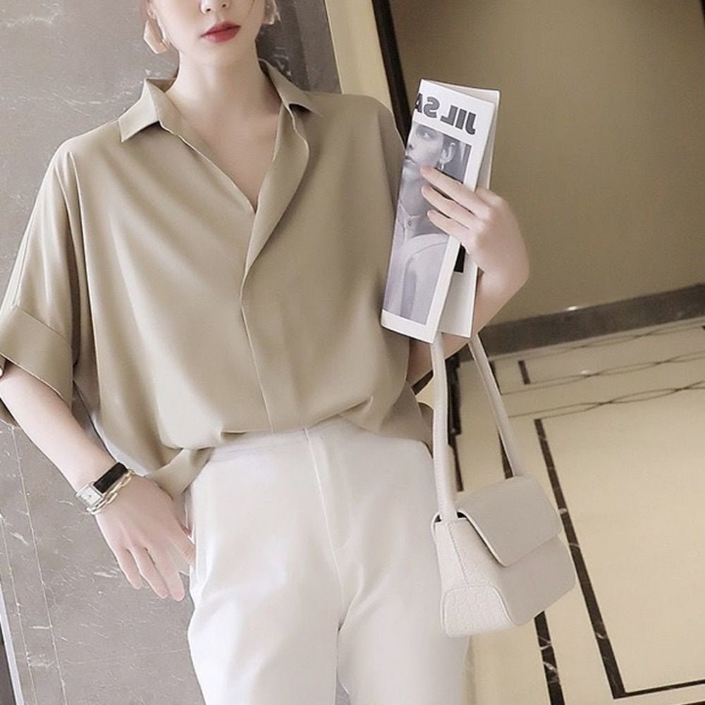 オープンカラー半袖デザインシャツ|オフィスカジュアル レディース 通販【ミレジェネ】