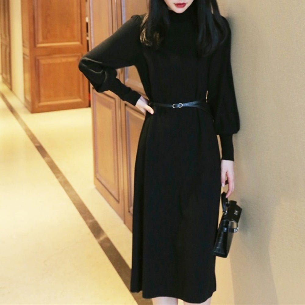 オフィスカジュアル 秋 ベルト付きボトルネックニットワンピース ミレジェネ