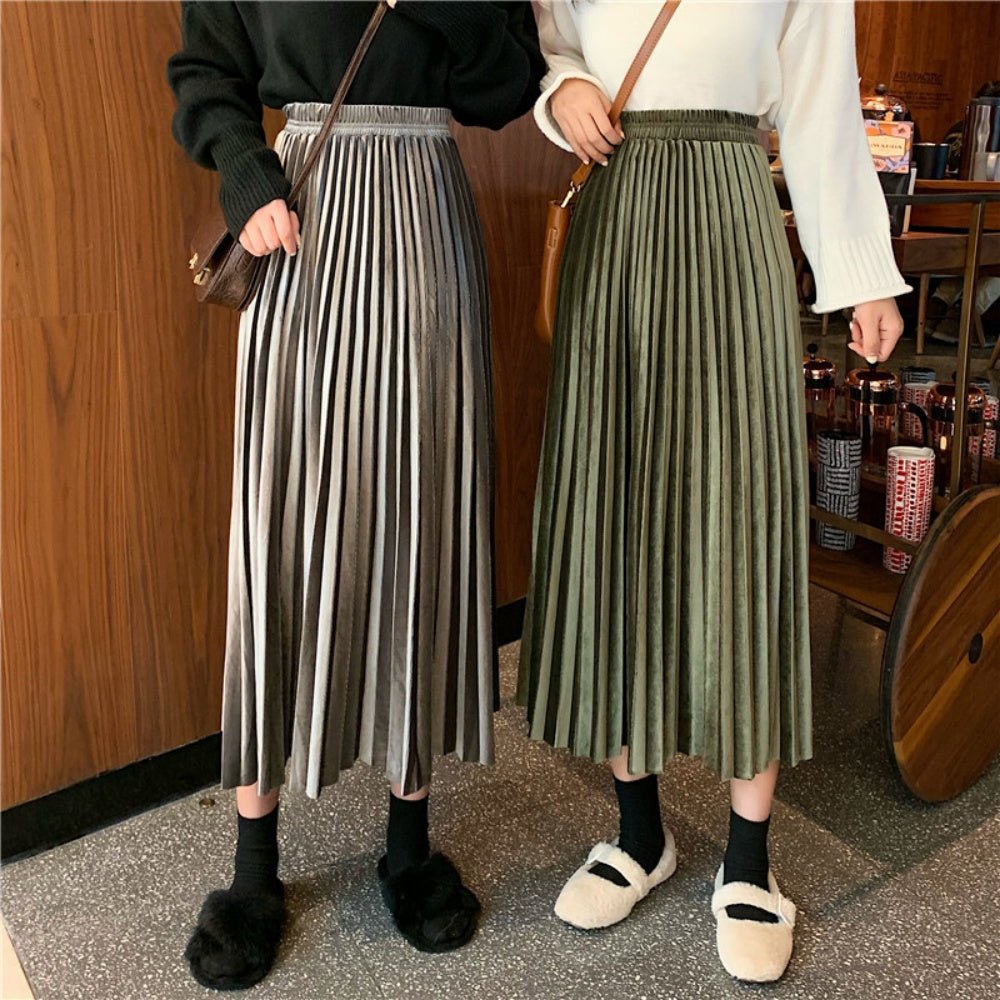 オフィスカジュアル 冬 ベロアプリーツロングスカート ミレジェネ