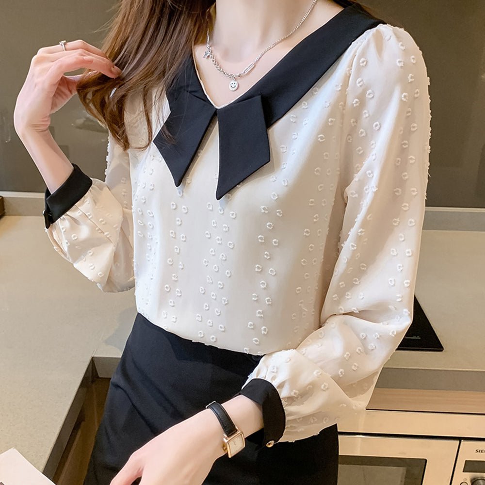 オフィスカジュアル 秋 リボンモチーフネックバイカラートップス ミレジェネ