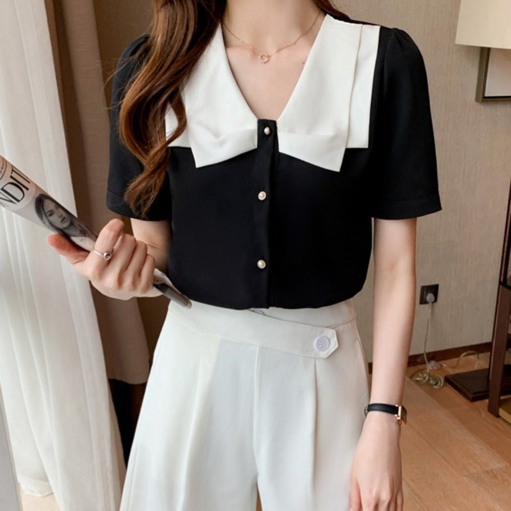 バイカラーパールボタンブラウス