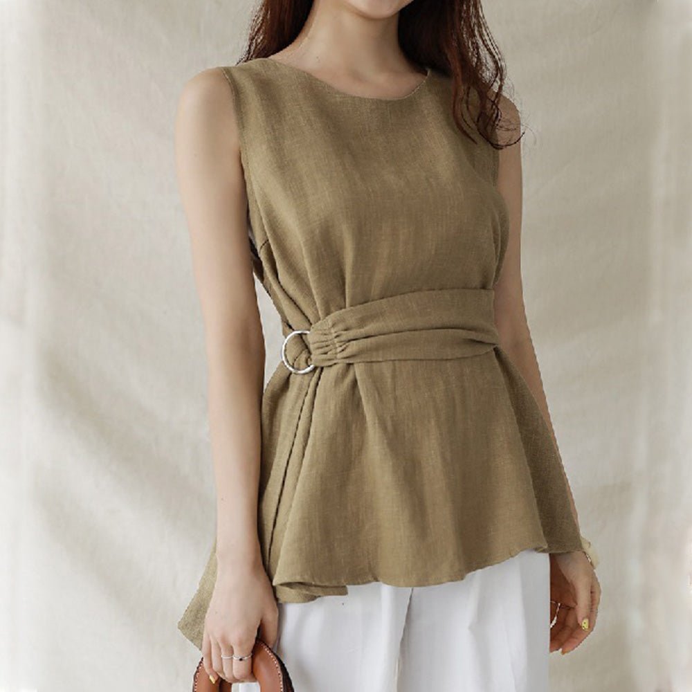 ノースリーブウエストマーク麻トップス|オフィスカジュアル レディース 通販【ミレジェネ】