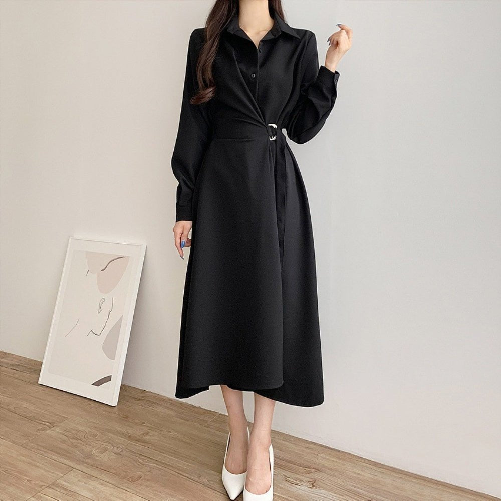 襟付きウエストベルトフレアワンピース|オフィスカジュアル レディース 通販【ミレジェネ】