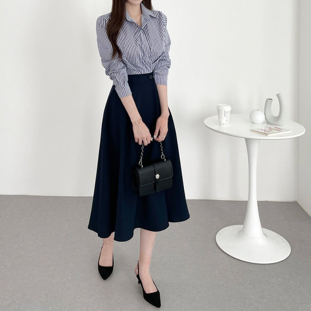 ストライプシャツドッキングフレアワンピース|オフィスカジュアル レディース 通販【ミレジェネ】