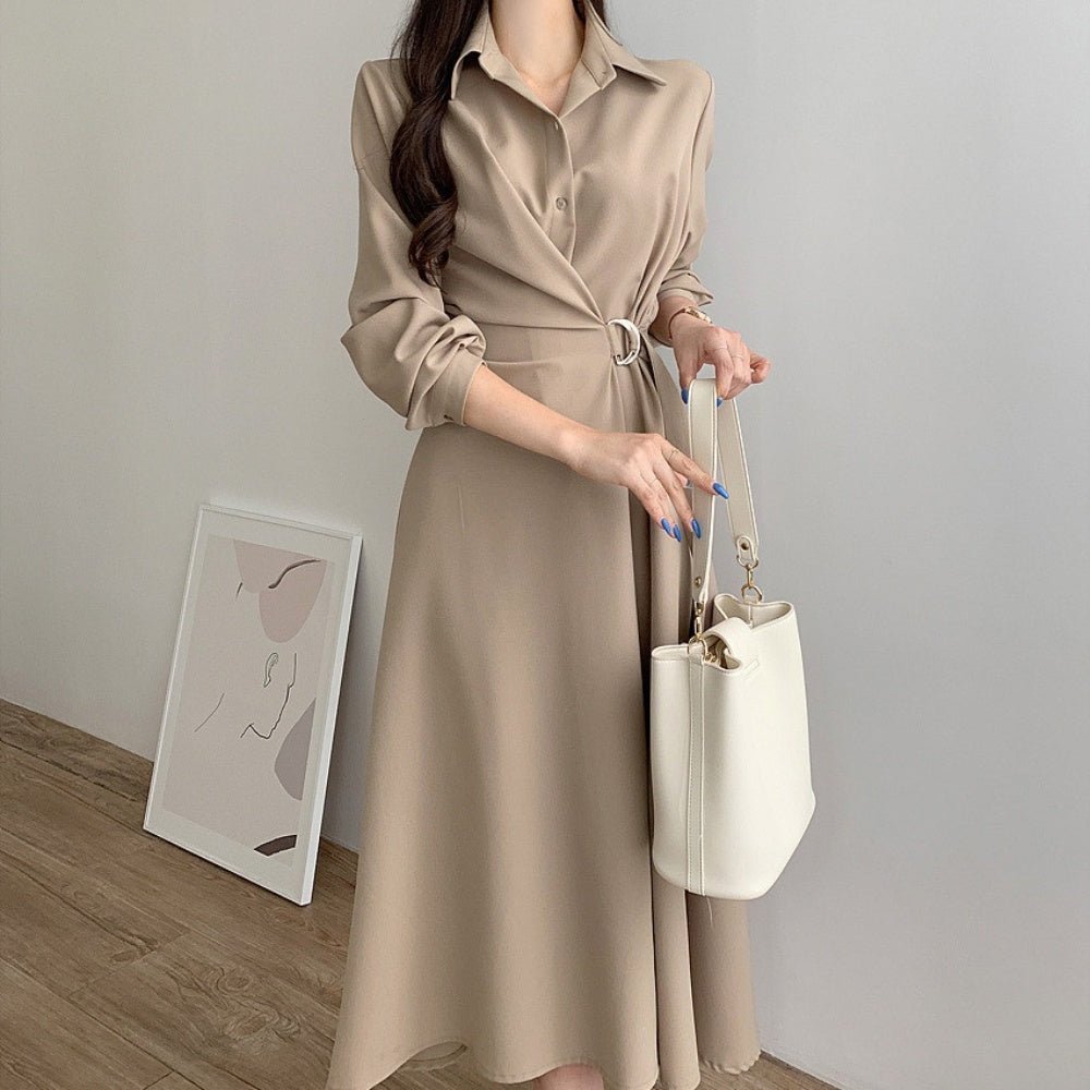 襟付きウエストベルトフレアワンピース|オフィスカジュアル レディース 通販【ミレジェネ】