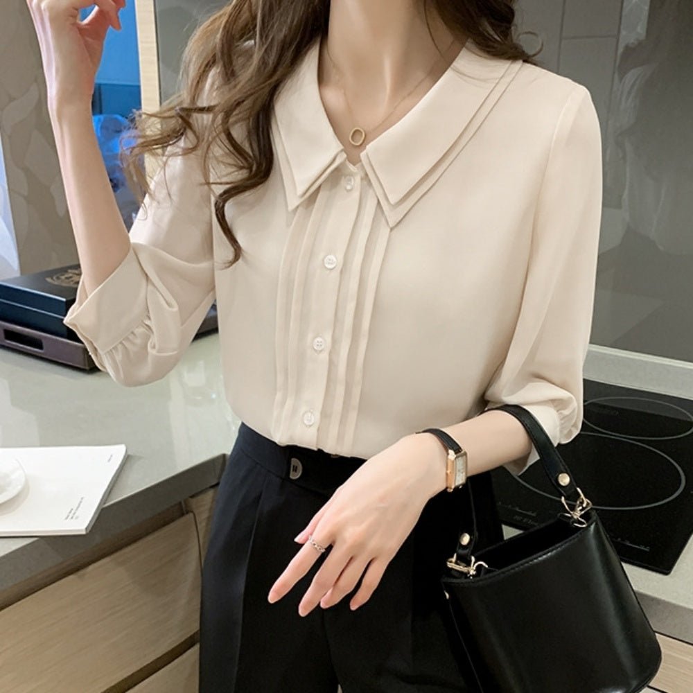 オフィスカジュアル 秋 ハーフスリーブダブルカラーブラウス ミレジェネ