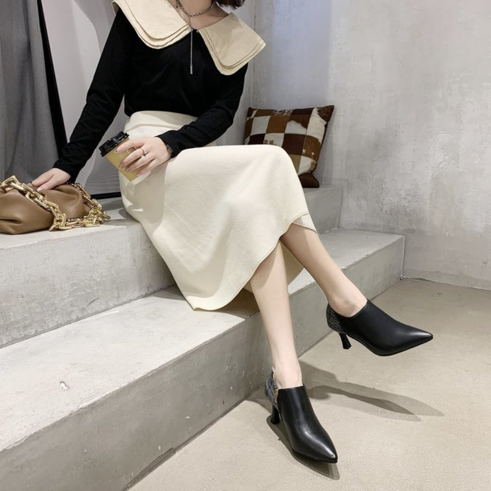 チェック柄ポインテッドトゥPUレザーショートブーツ