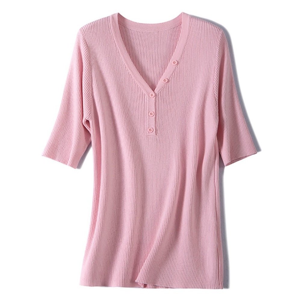 Vネックハーフボタンカットソー|オフィスカジュアル レディース 通販【ミレジェネ】
