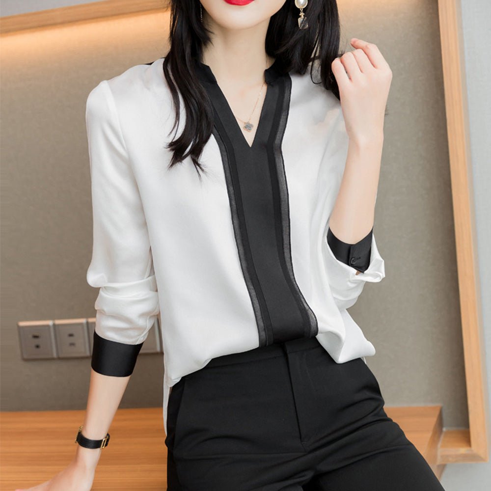 Vネックバイカラーブラウス|オフィスカジュアル レディース 通販【ミレジェネ】