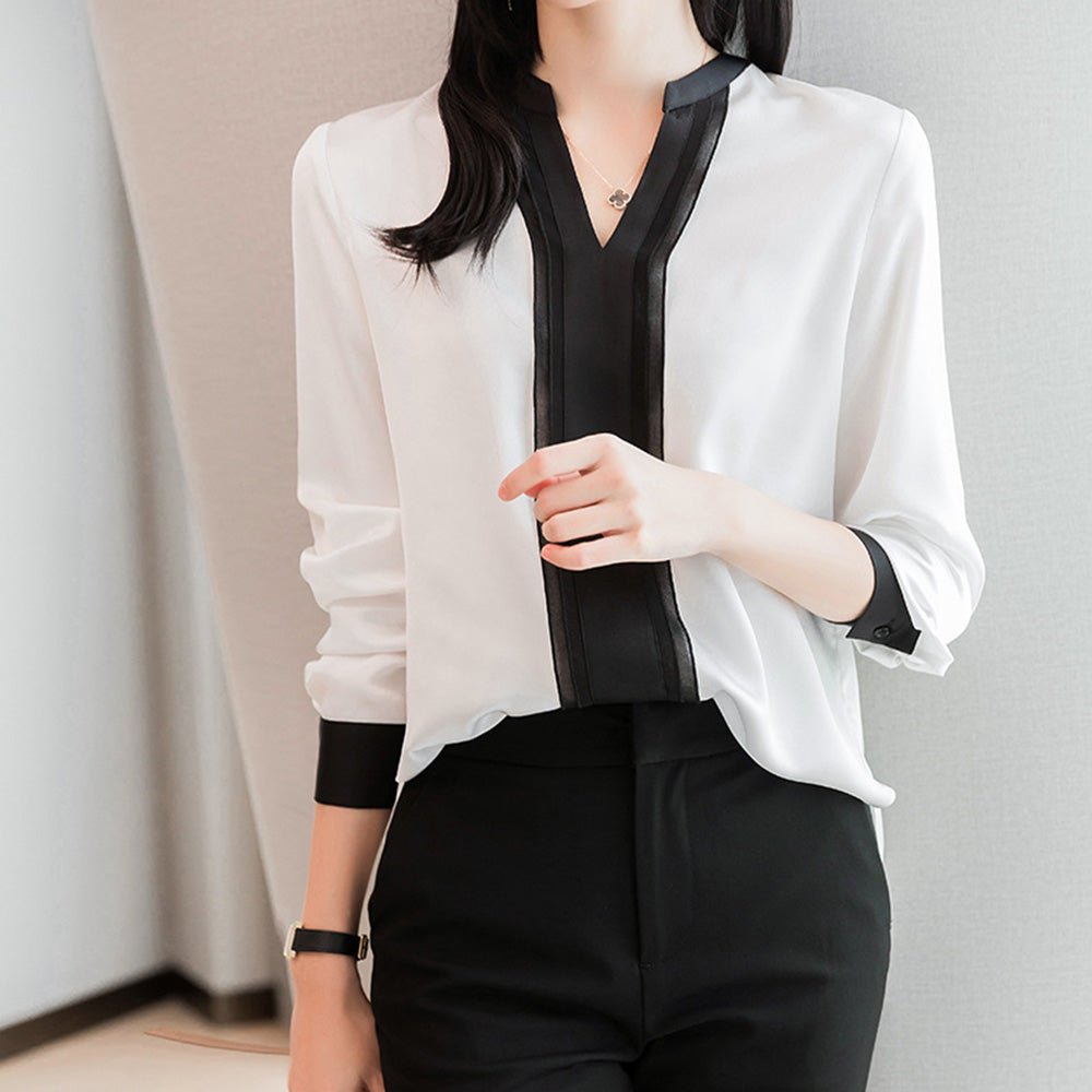 Vネックバイカラーブラウス|オフィスカジュアル レディース 通販【ミレジェネ】