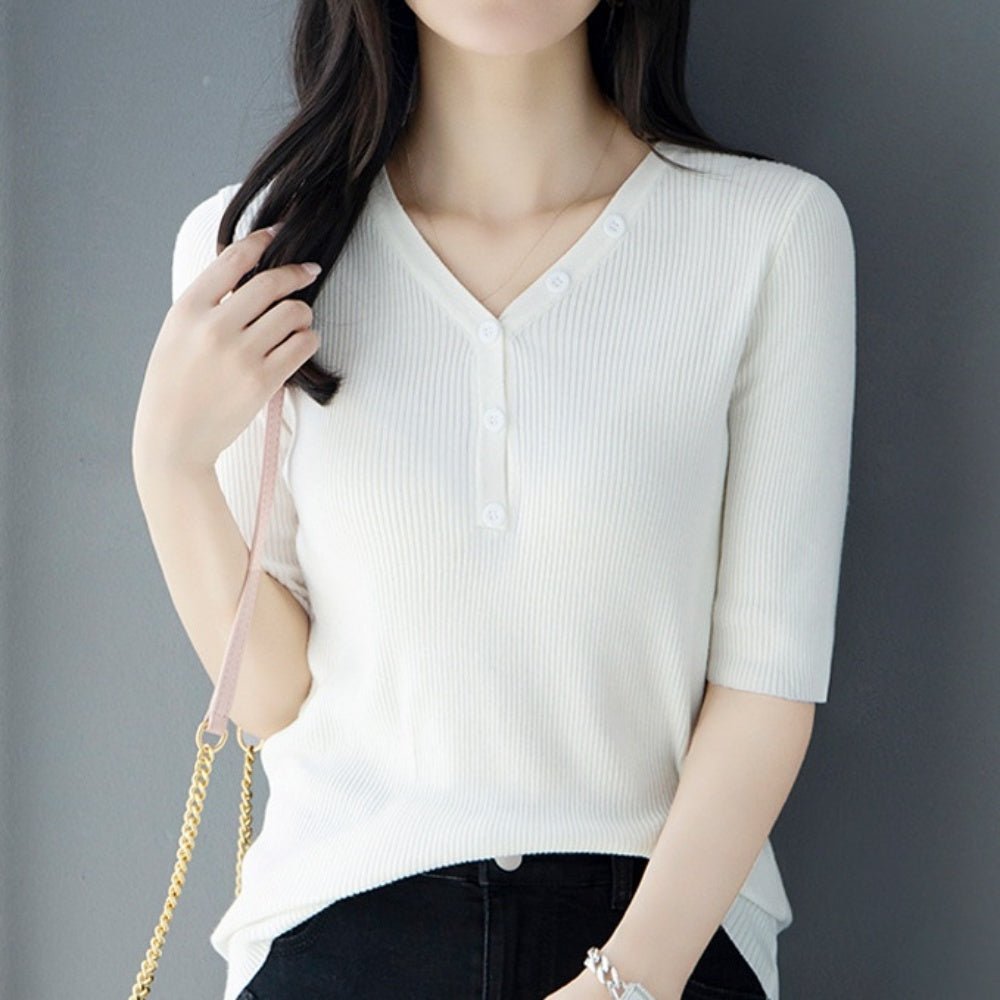 Vネックハーフボタンカットソー|オフィスカジュアル レディース 通販【ミレジェネ】