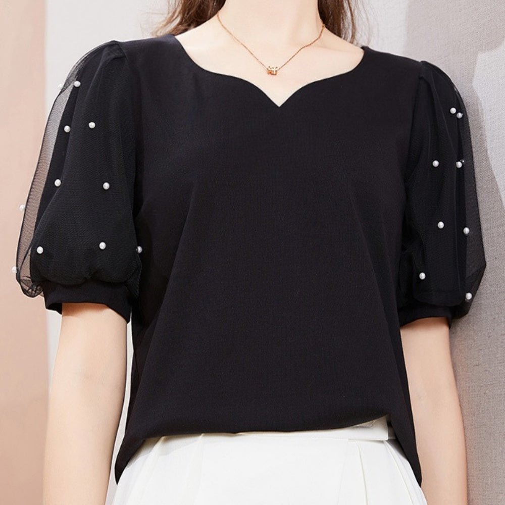 Vネックパールシフォン袖トップス|オフィスカジュアル レディース 通販【ミレジェネ】