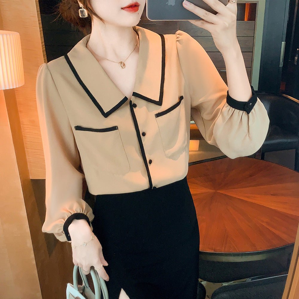 オフィスカジュアル 秋 Vネックレトロブラウス ミレジェネ