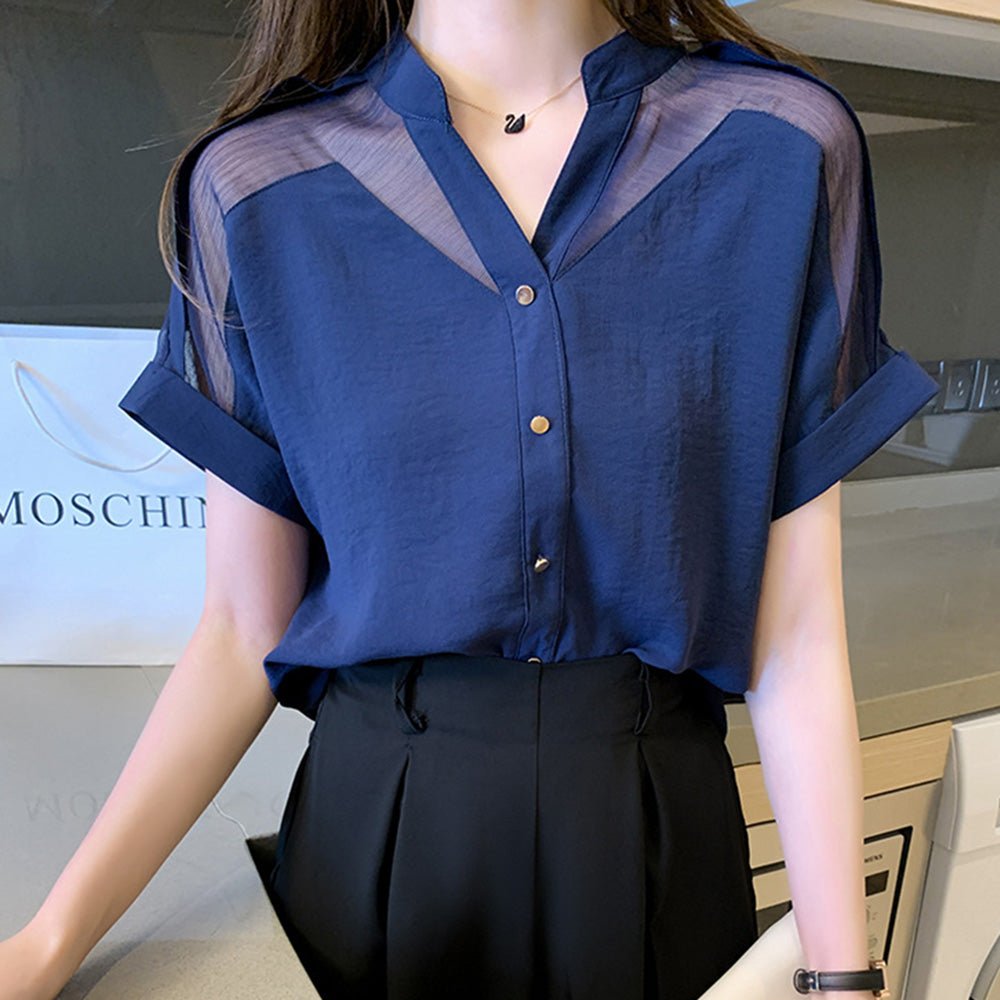 Vネックシアー切り替えブラウス|オフィスカジュアル レディース 通販【ミレジェネ】