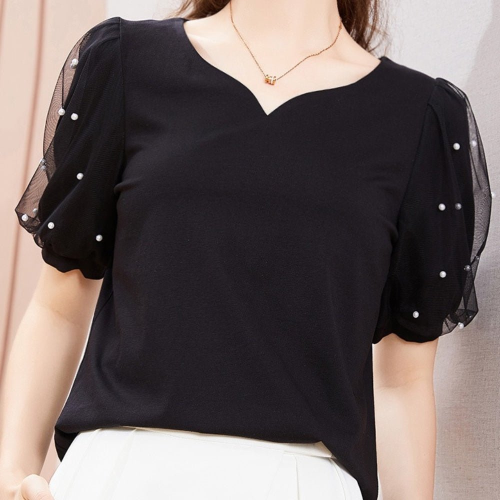 Vネックパールシフォン袖トップス|オフィスカジュアル レディース 通販【ミレジェネ】