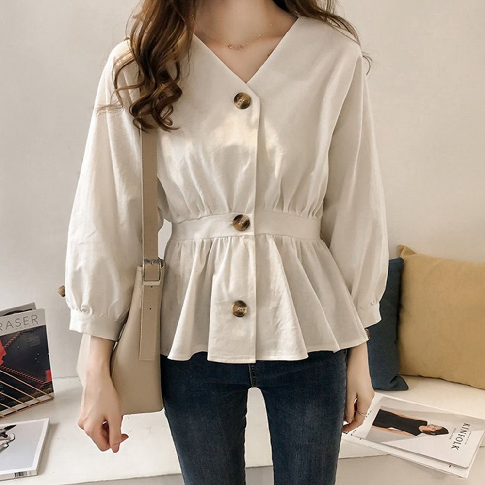 フロントボタンハイウエスト絞りVネックカットソー - Millennial Generation