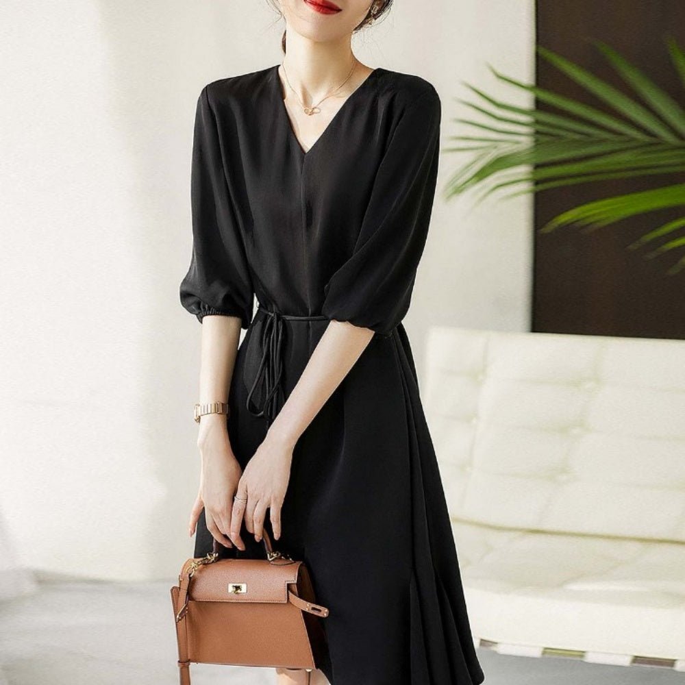 ウエストリボンVネックワンピース|オフィスカジュアル レディース 通販【ミレジェネ】