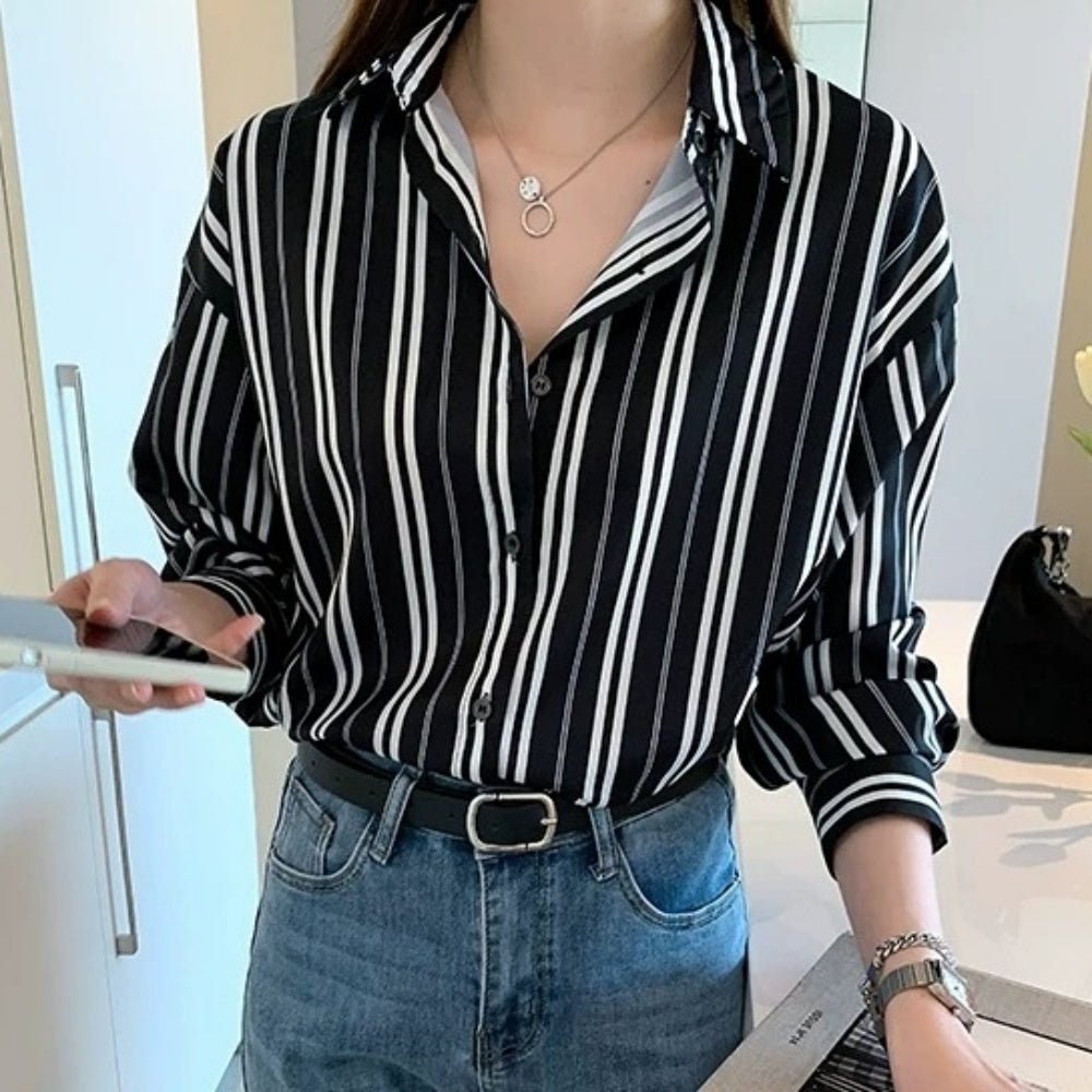Vネックストライプシャツ|オフィスカジュアル レディース 通販【ミレジェネ】
