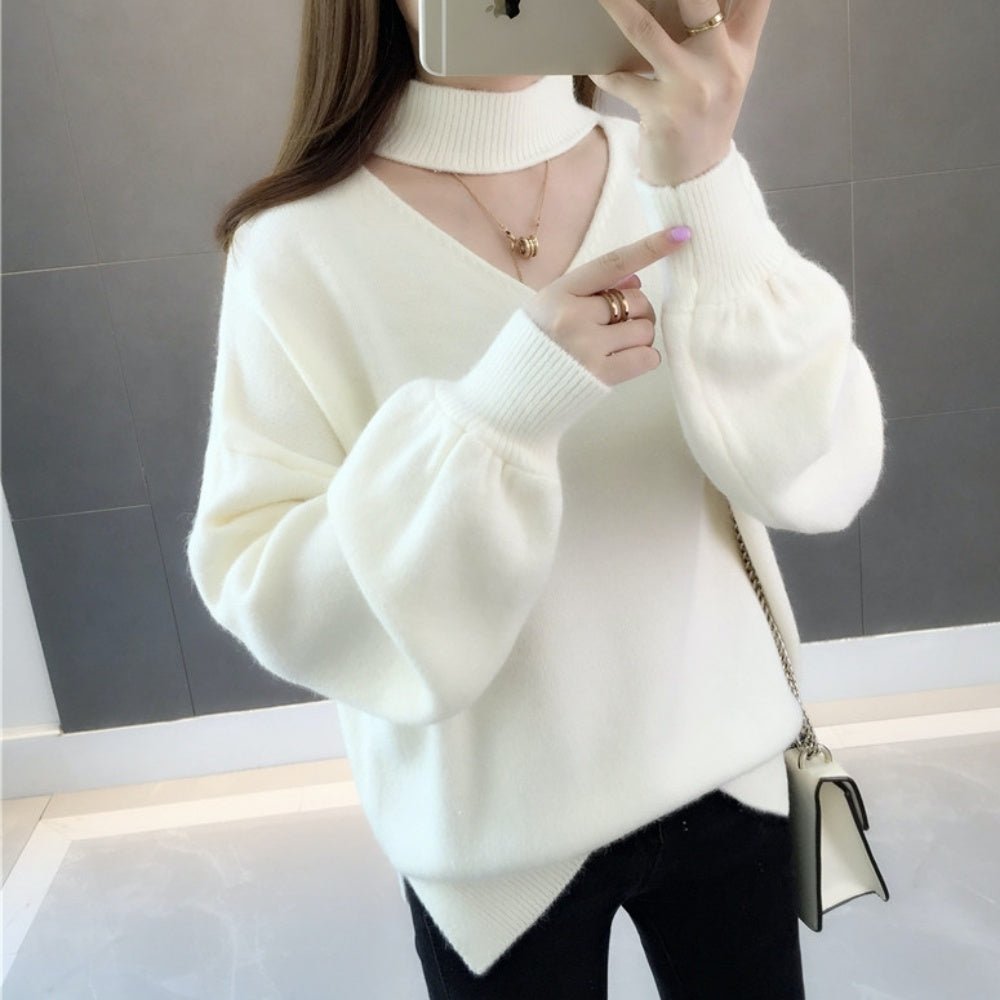 オフィスカジュアル 冬 おしゃれVネックランタンスリーブニット ミレジェネ