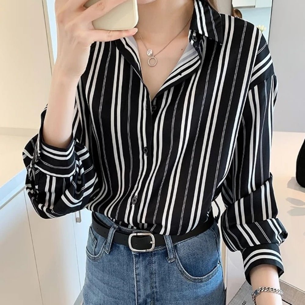 Vネックストライプシャツ|オフィスカジュアル レディース 通販【ミレジェネ】
