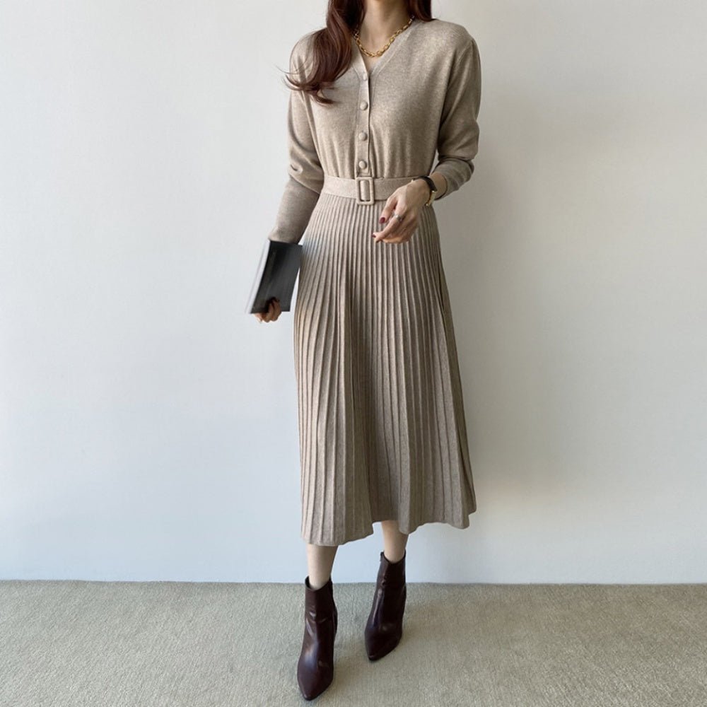 ベルト付きVネックニットワンピース|オフィスカジュアル レディース 通販【ミレジェネ】