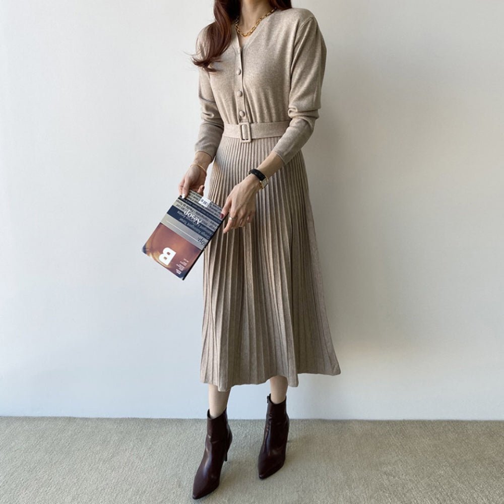 ベルト付きVネックニットワンピース|オフィスカジュアル レディース 通販【ミレジェネ】