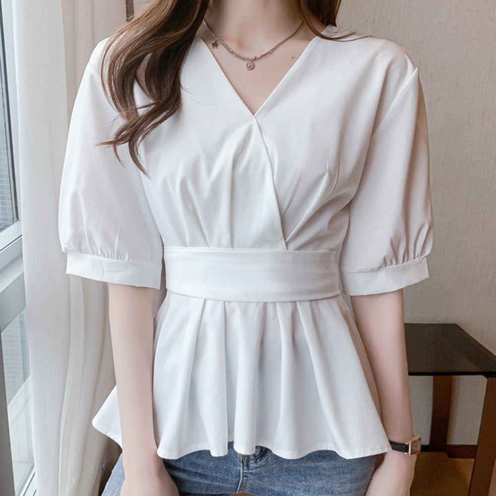 Vネックペプラムバッグリボントップス|オフィスカジュアル レディース 通販【ミレジェネ】