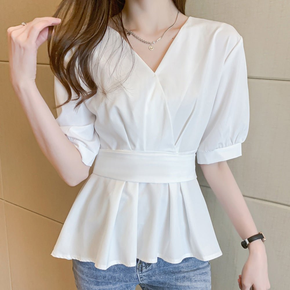 Vネックペプラムバッグリボントップス|オフィスカジュアル レディース 通販【ミレジェネ】