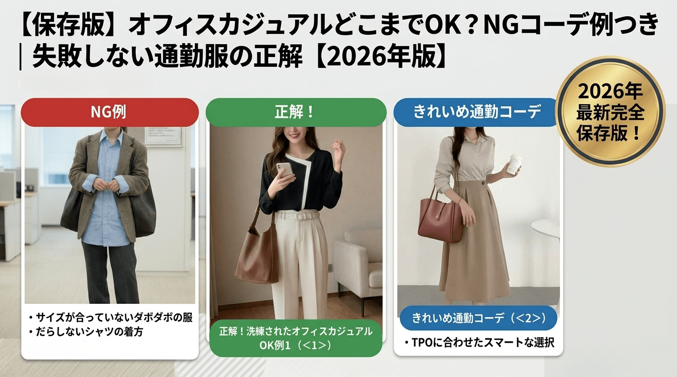 オフィスカジュアルはどこまでOK？NGコーデ例とOK例を比較しながら、失敗しない通勤服の選び方を解説。新卒・OL向けに好印象な着こなしも紹介【2026年版】