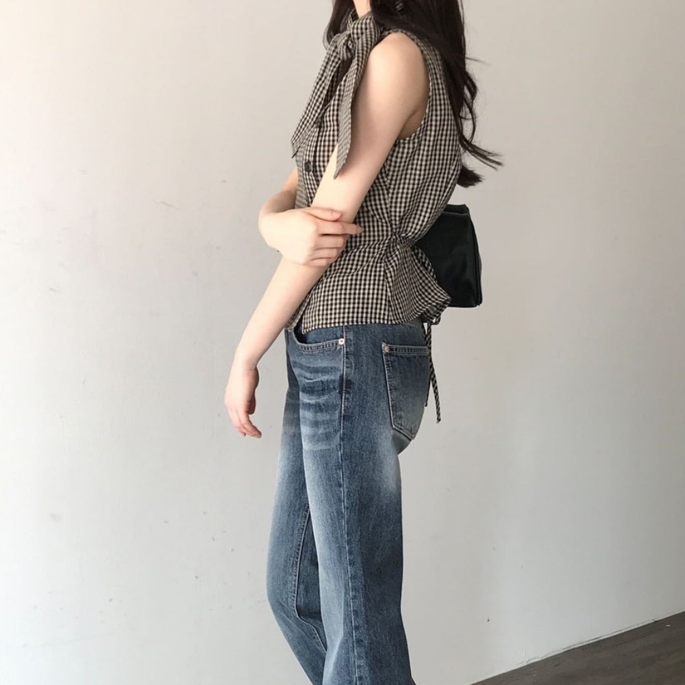 チェック柄リボンノースリブラウス