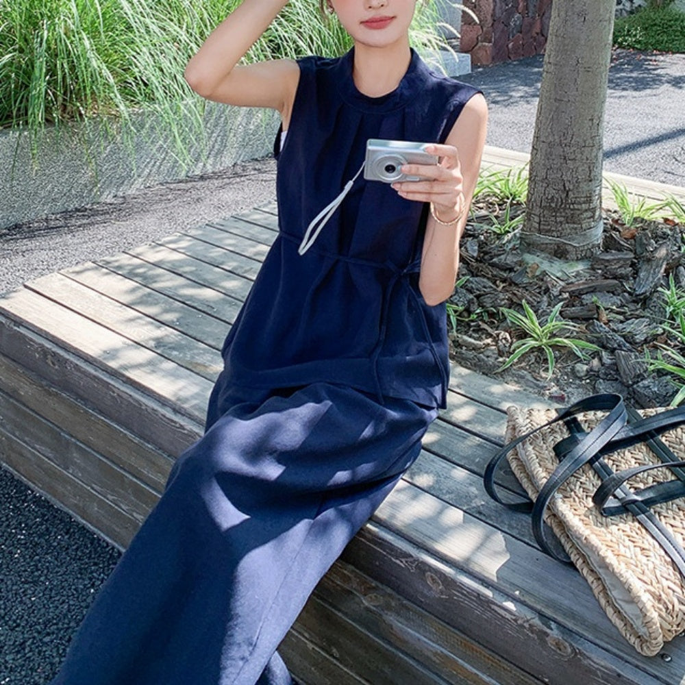 スタンドカラーノースリーブ・ワイドパンツセットアップ