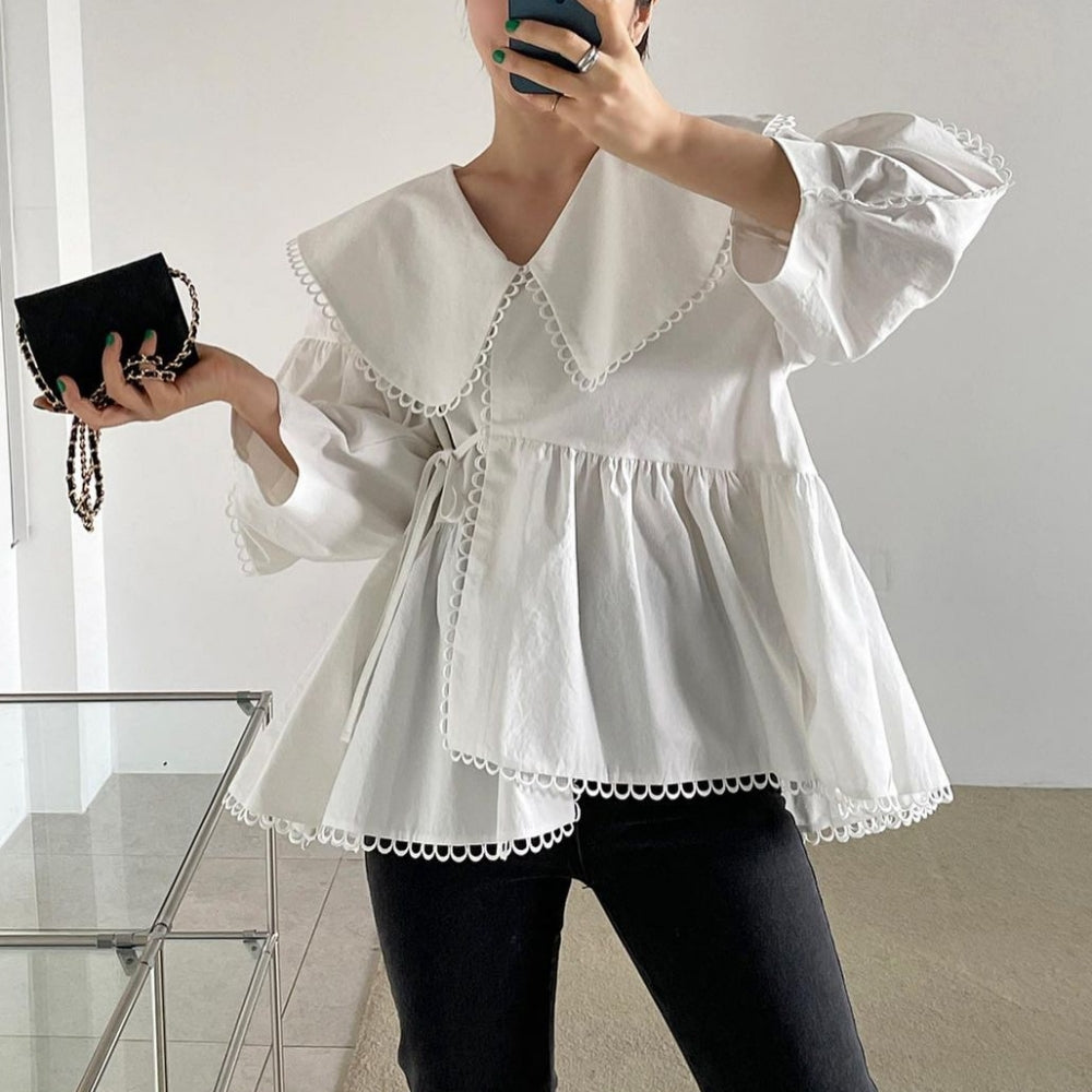 ビッグカラーレーストリムブラウス