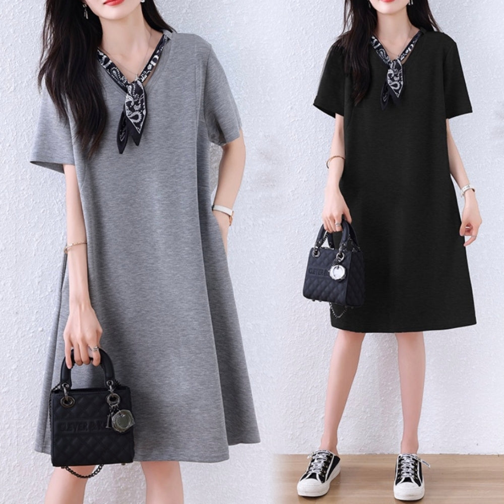 スカーフ付スウェット地ワンピース