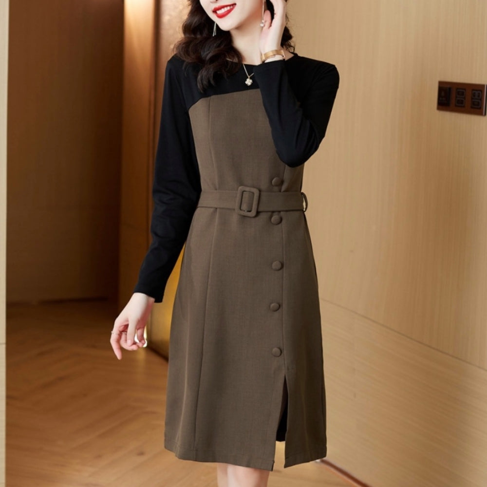 バイカラー切替ボタンワンピース｜オフィスカジュアル レディース 通販【ミレジェネ】