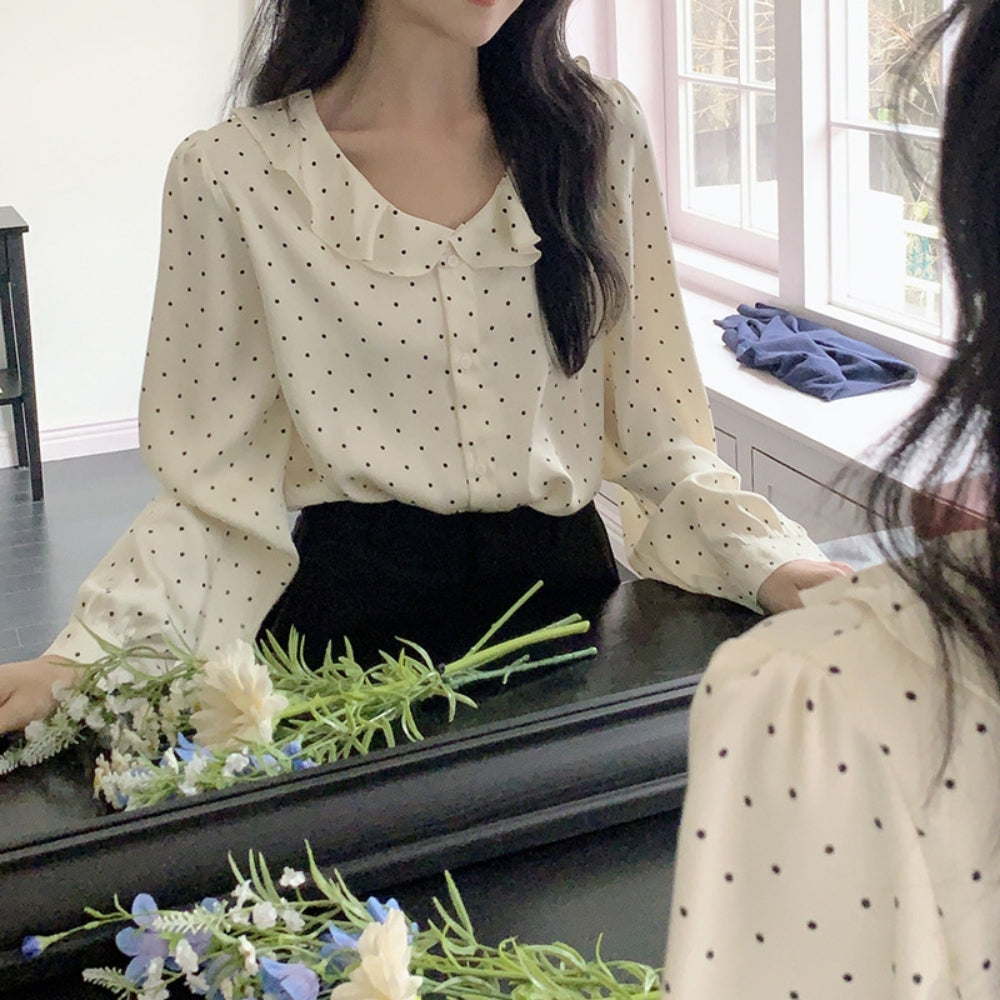 マイクロドットフリルネックサテンブラウス