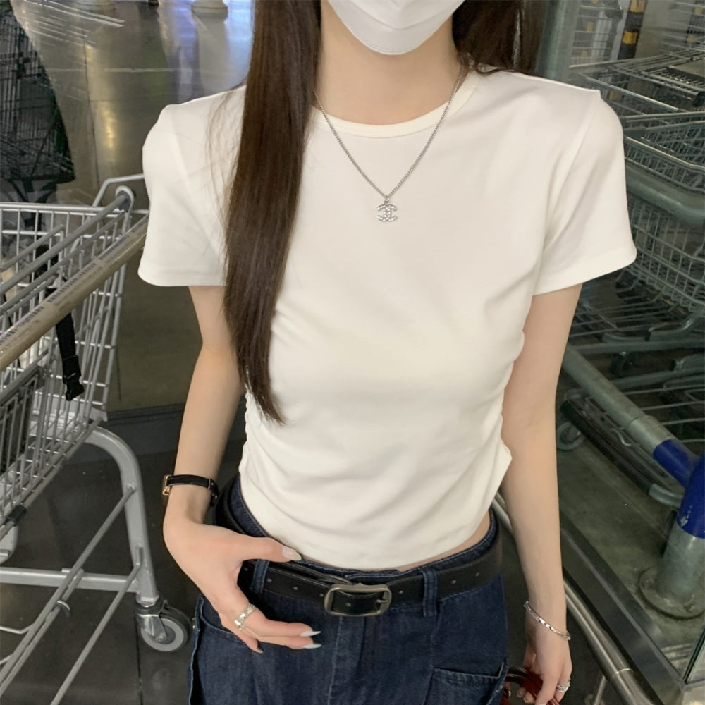 サイドギャザーシンプルクルーネックTシャツ