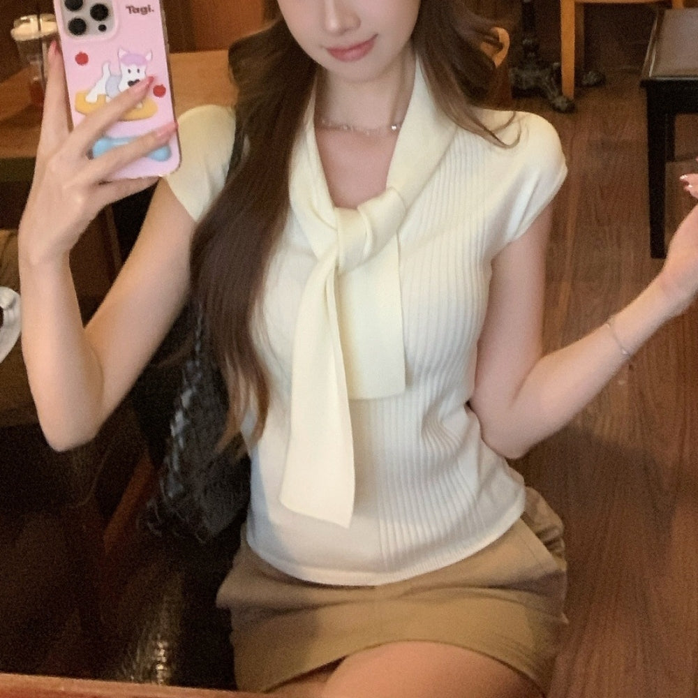 タイ付きフレンチスリーブニットトップス