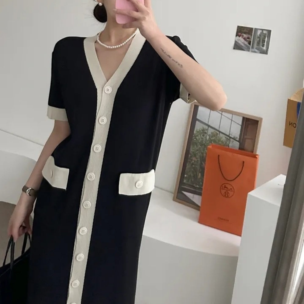 配色Vネックニットワンピース