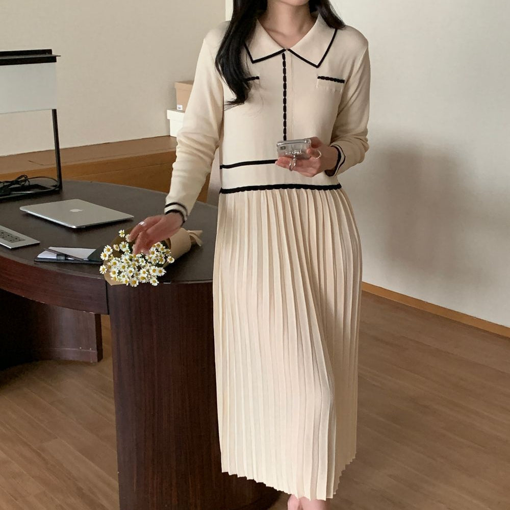 バイカラーラインプリーツニットワンピース