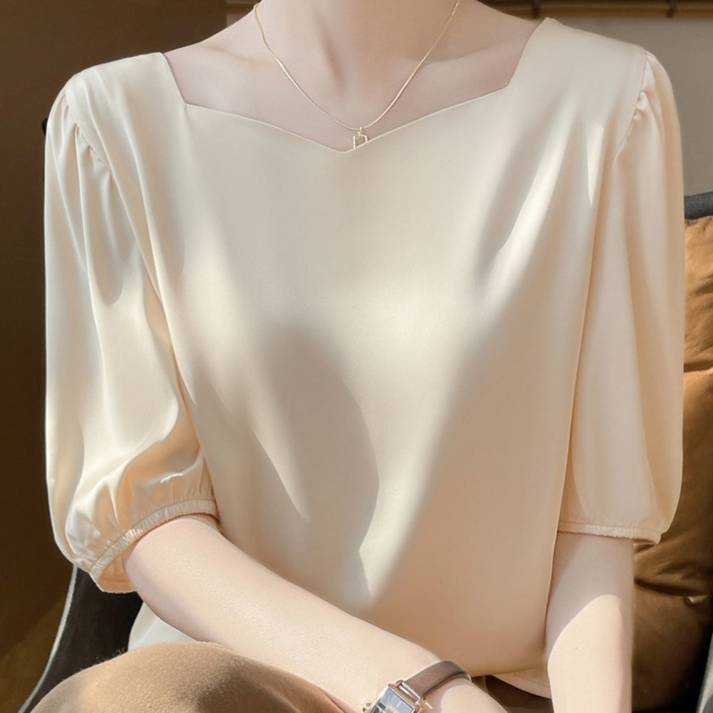 5分袖サテン地スクエアネックトップス