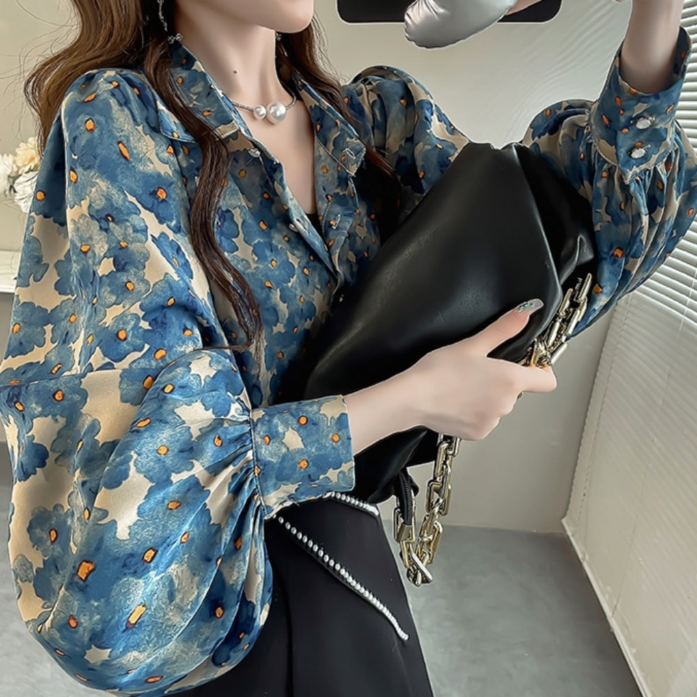 水彩風花柄パフスリーブブラウス