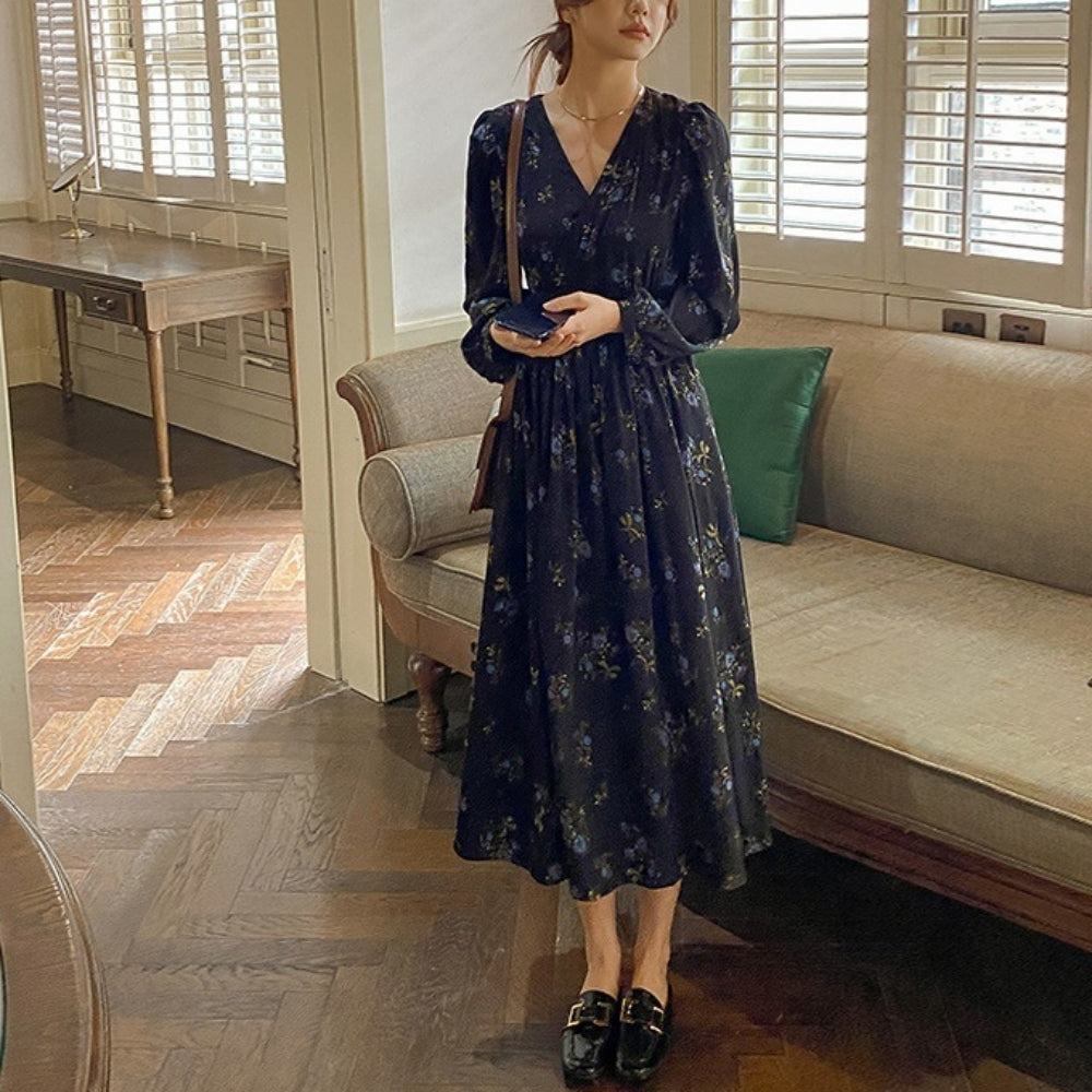 ウエストシャーリング花柄ワンピース